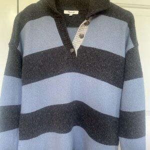 Madewell Women’s V-Neck Sweater in Blue and Gray with Bold Stripes